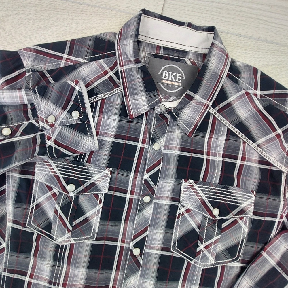 BKE Shirt Western Button Down Mens Large Black Plaid Cowboy Pearl Snap Stitched